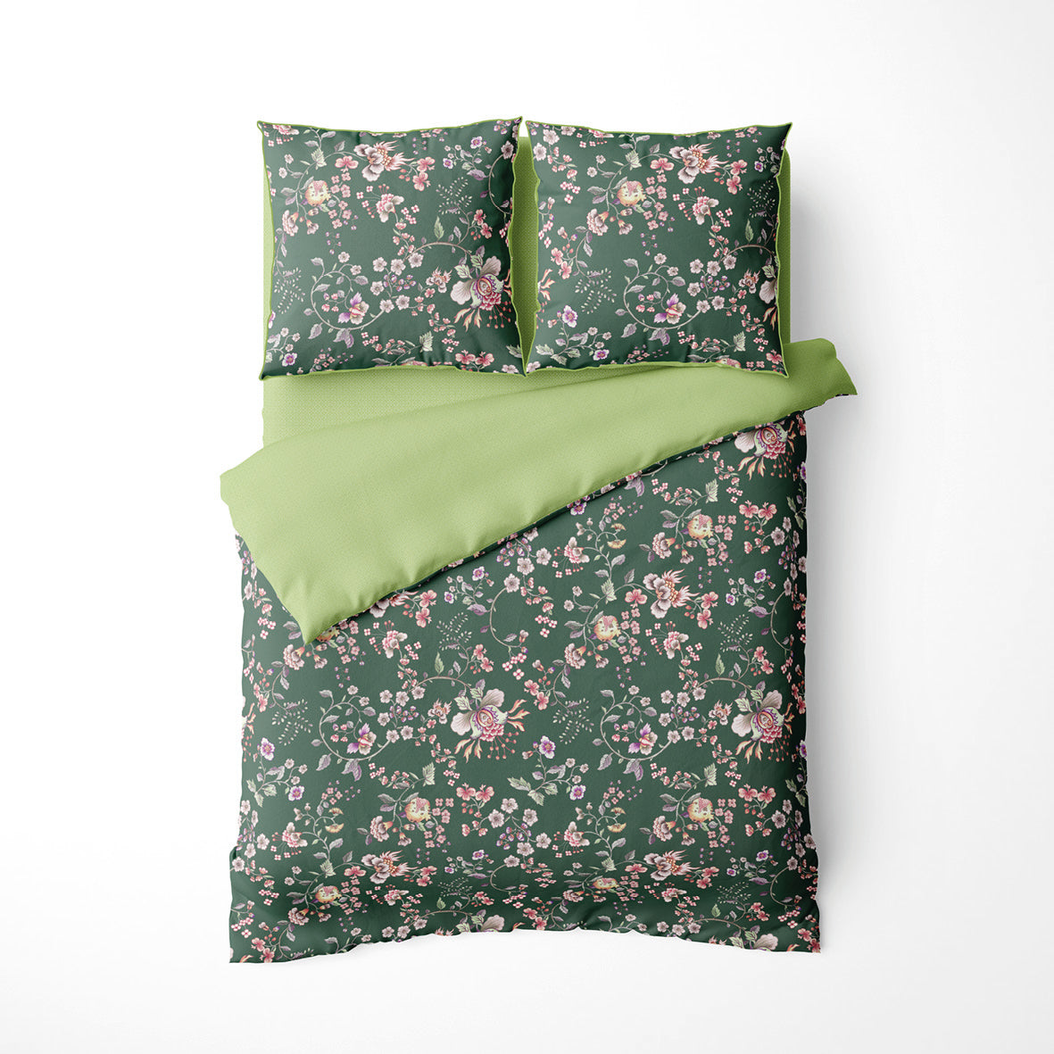 Duvet cover + pillowcase cotton satin - Serment fleuri Green