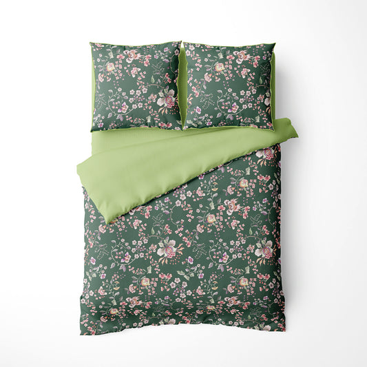 Duvet cover + pillowcase cotton satin - Serment fleuri Green