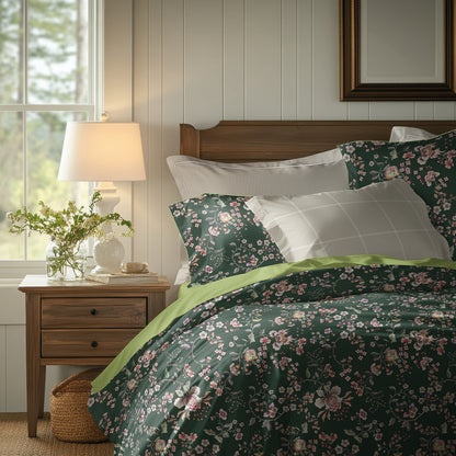 Duvet cover + pillowcase cotton satin - Serment fleuri Green