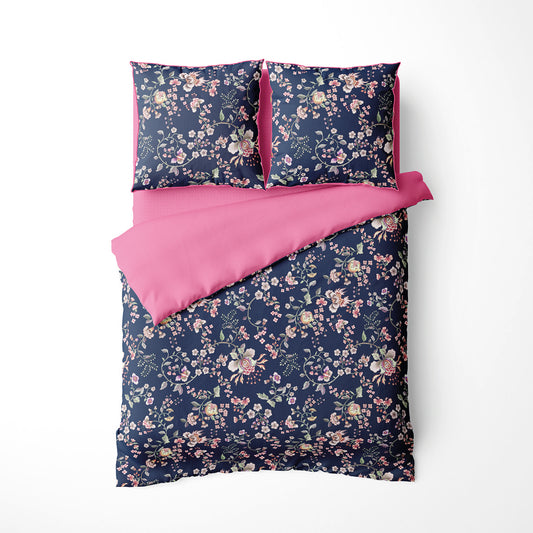 Duvet cover + pillowcase cotton satin - Serment fleuri Dark blue / Pink