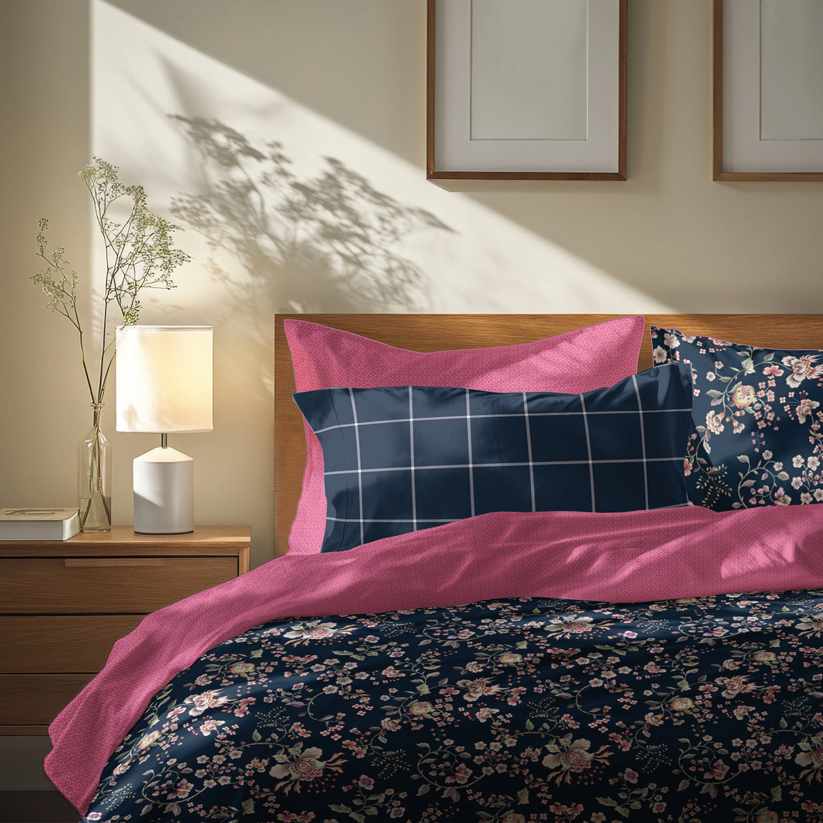 Duvet cover + pillowcase cotton satin - Serment fleuri Dark blue / Pink