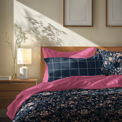 Duvet cover + pillowcase cotton satin - Serment fleuri Dark blue / Pink