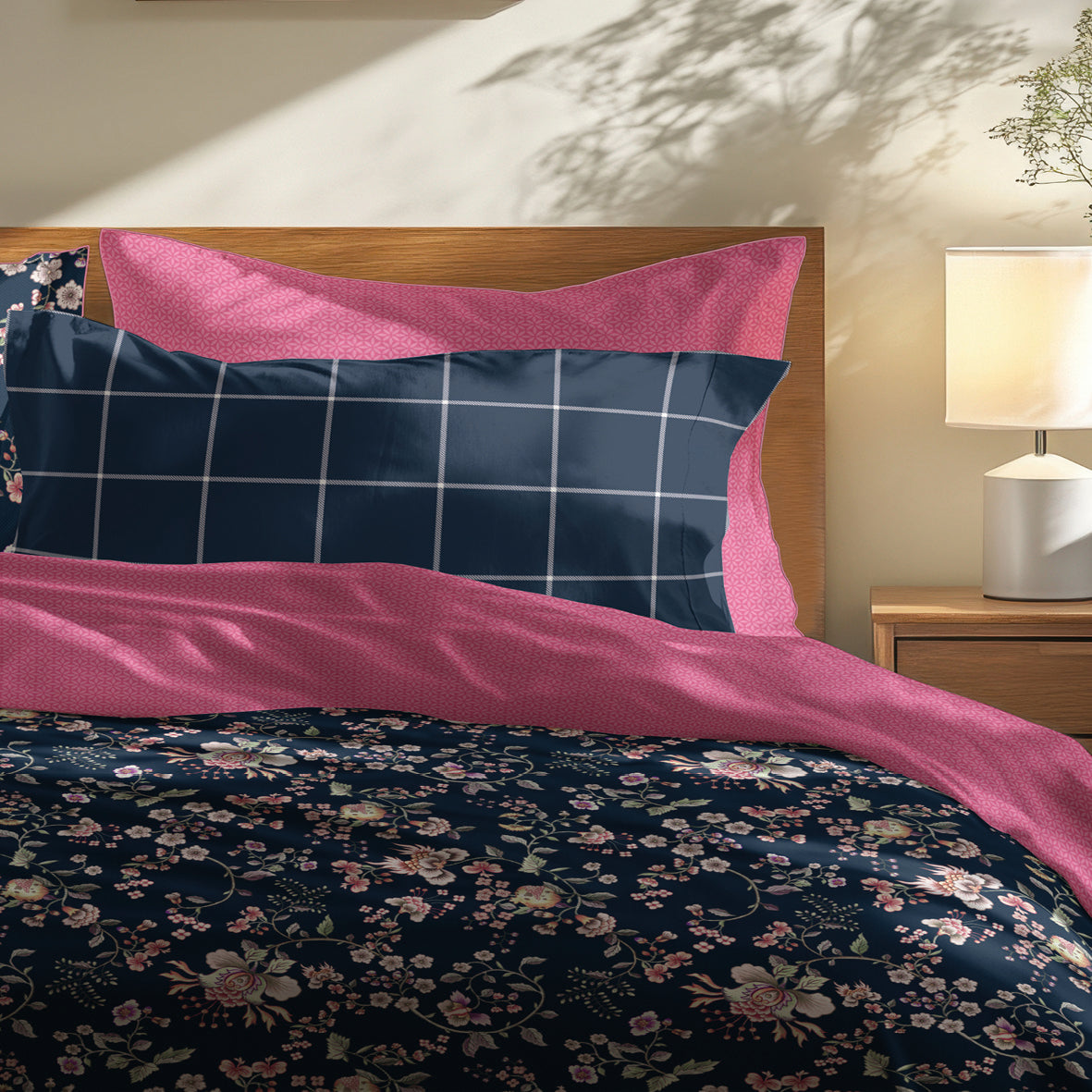 Duvet cover + pillowcase cotton satin - Serment fleuri Dark blue / Pink