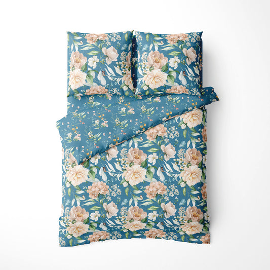 Duvet cover + pillowcase cotton satin - Fleurs d’océan Blue