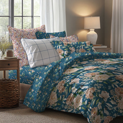 Duvet cover + pillowcase cotton satin - Fleurs d’océan Blue