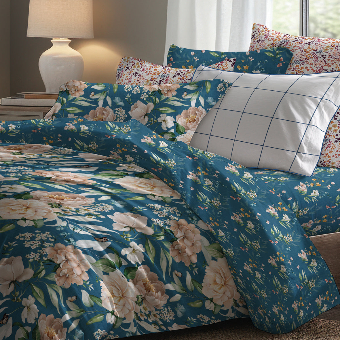 Duvet cover + pillowcase cotton satin - Fleurs d’océan Blue