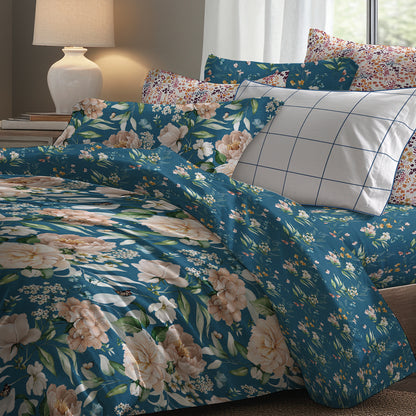 Duvet cover + pillowcase cotton satin - Fleurs d’océan Blue