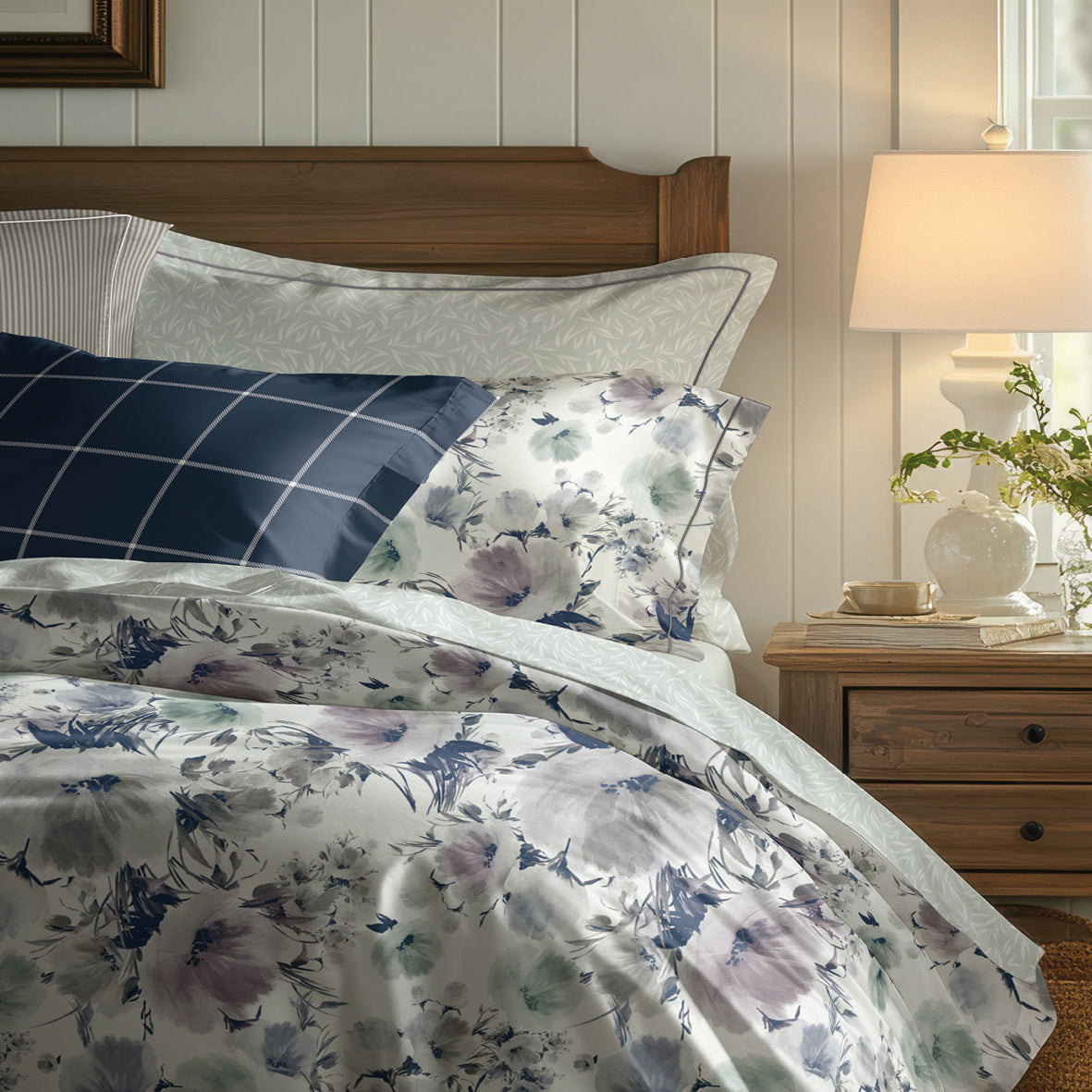 Duvet cover + pillowcase cotton satin - Voile botanique White