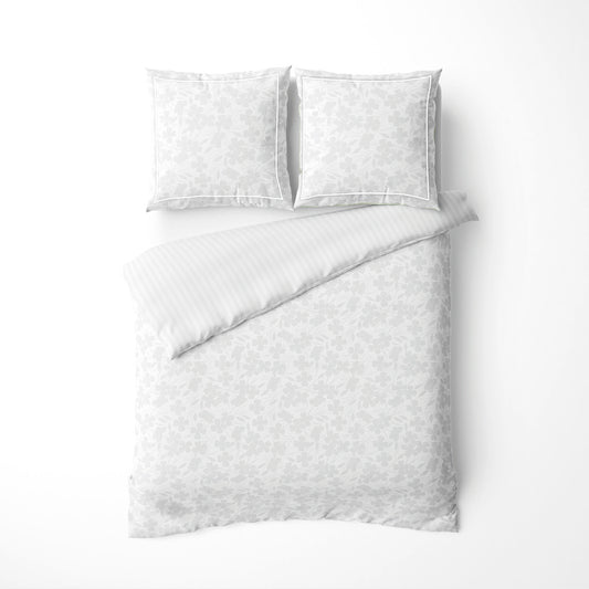 Housse de couette + taie d'oreiller satin de coton tissé Jacquard - Brume florale Blanc