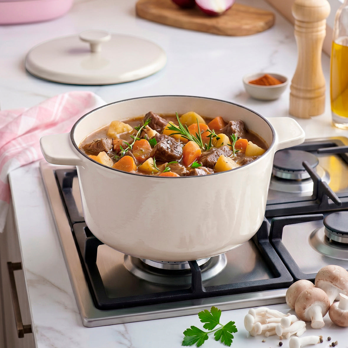 Enamelled cast iron round casserole with lid - cream - 28 cm
