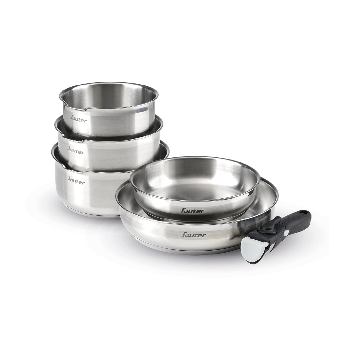 Set of 3 stainless steel sauce pans + 2 frypans + 1 removable handle - Silver