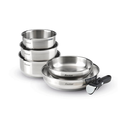 Set of 3 stainless steel sauce pans + 2 frypans + 1 removable handle - Silver