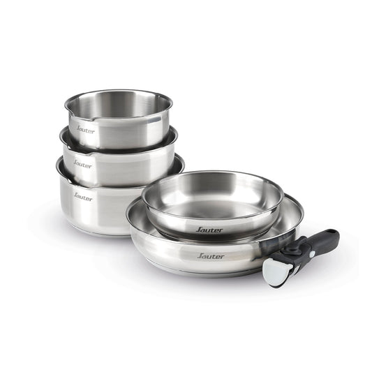Set of 3 stainless steel sauce pans + 2 frypans + 1 removable handle - Silver