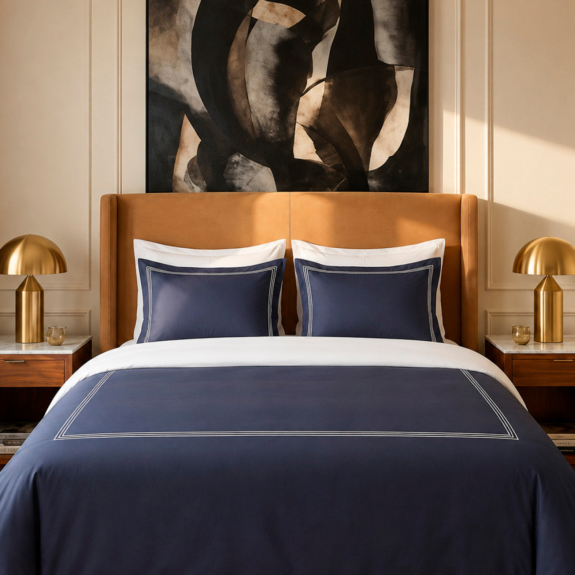 Duvet cover and pillowcase(s) set - 100% cotton sateen TC200 - Nîmes - white / dark blue