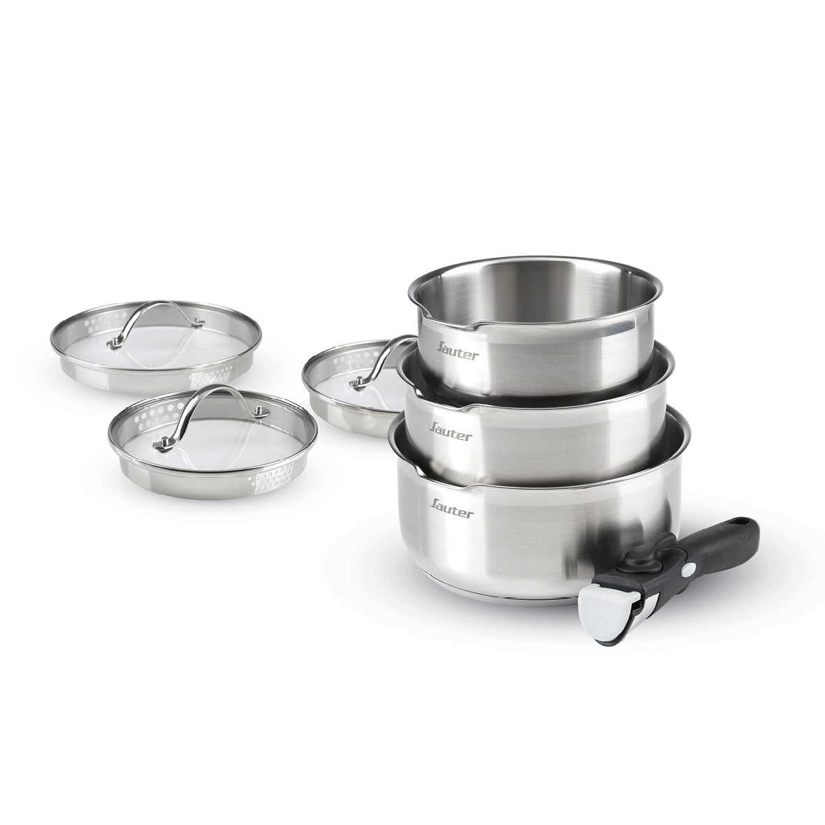 Set of 3 stainless steel sauce pans with removable handle + 3 pouring lids with stainless steel knob - Silver
