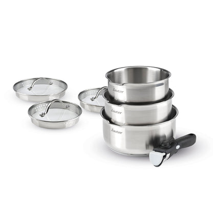 Set of 3 stainless steel sauce pans with removable handle + 3 pouring lids with stainless steel knob - Silver