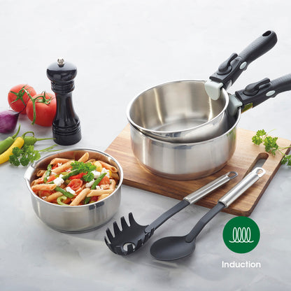 Set of 3 stainless steel sauce pans with removable handle + 3 pouring lids with stainless steel knob - Silver
