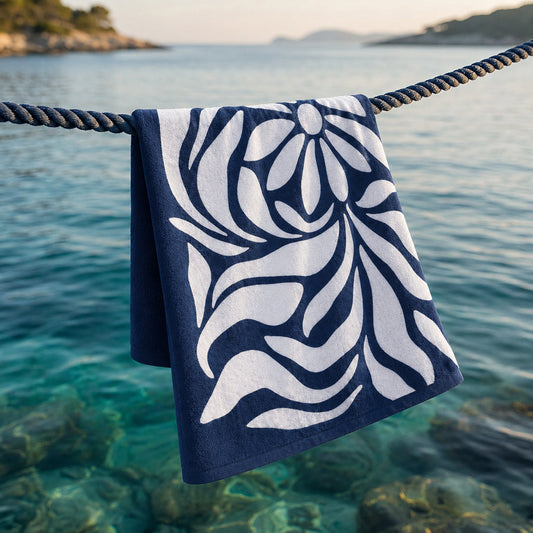 Beach towel cotton velvet - Florawave Dark blue - 90 x 180 cm