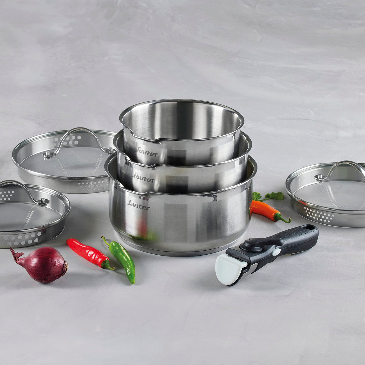 Set of 3 stainless steel sauce pans with removable handle + 3 pouring lids with stainless steel knob - Silver