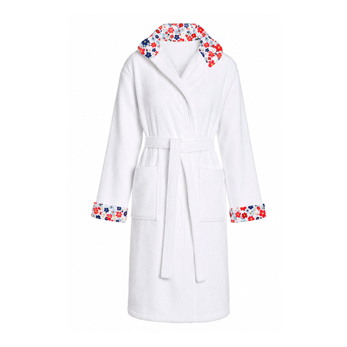 Hooded bathrobe cotton velvet - Capucine Blue White