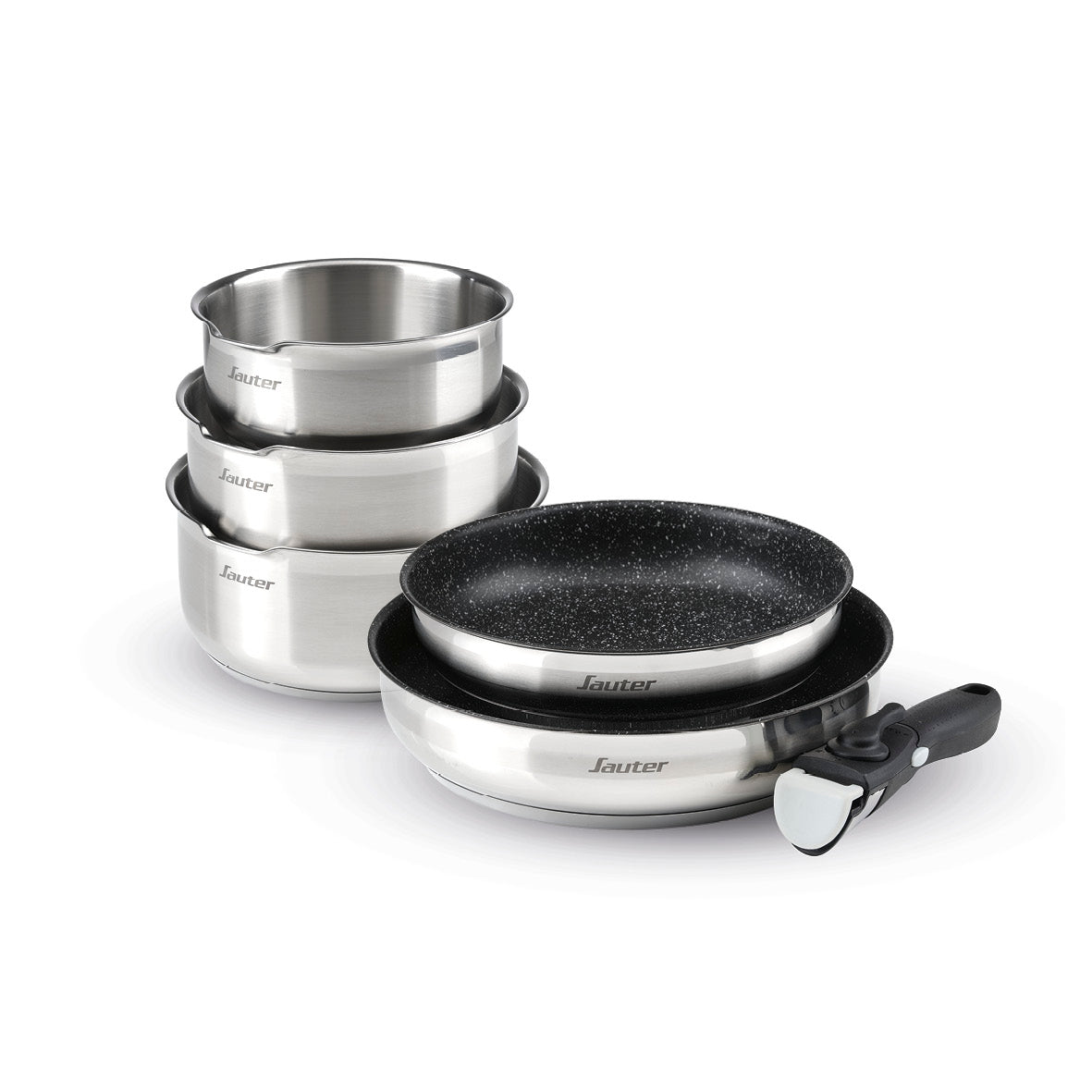 Set of 3 stainless steel sauce pans + 2 frypans non-stick coating + 1 removable handle - Silver/ black