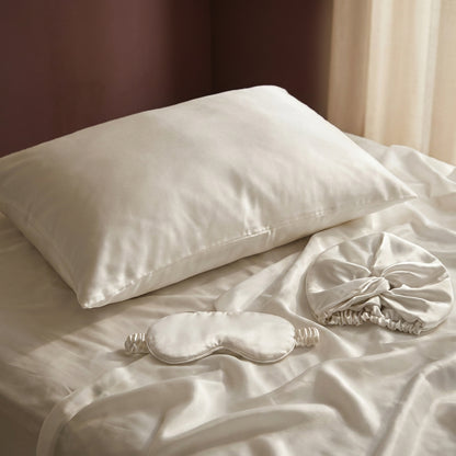 3-piece set with eye mask and nightcap - 100% mulberry silk 19 momme - Brume de soie - white