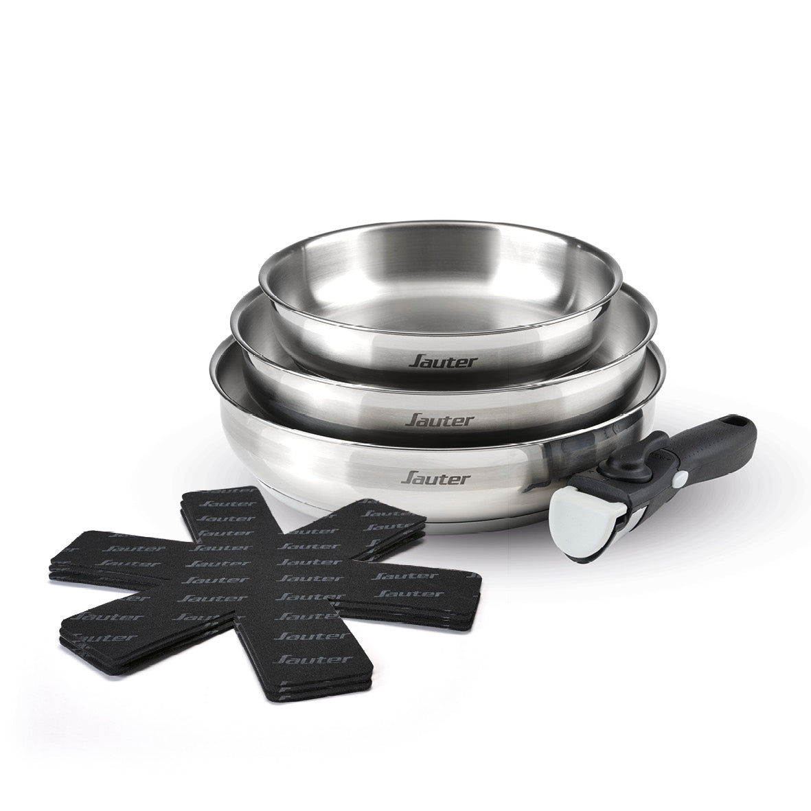 Set of 3 stainless steel frypans + removable handle + 3 pan protectors - Silver