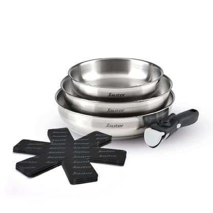 Set of 3 stainless steel frypans + removable handle + 3 pan protectors - Silver