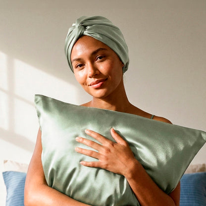Pillowcase + nightcap silk - Nuit de soie Sage green