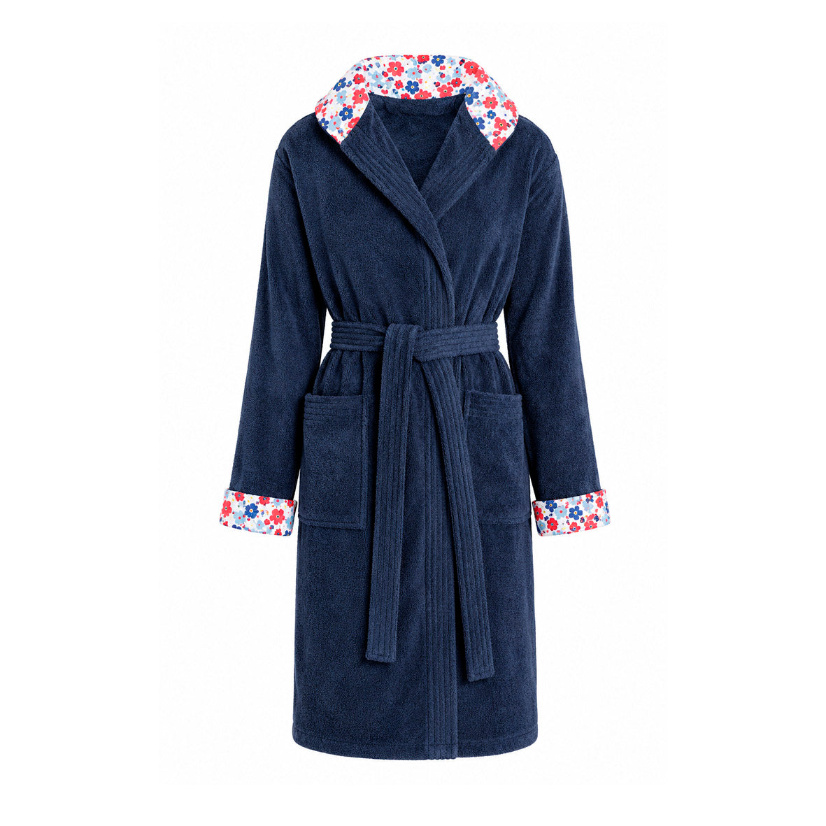 Hooded bathrobe cotton velvet - Capucine Blue Navy blue