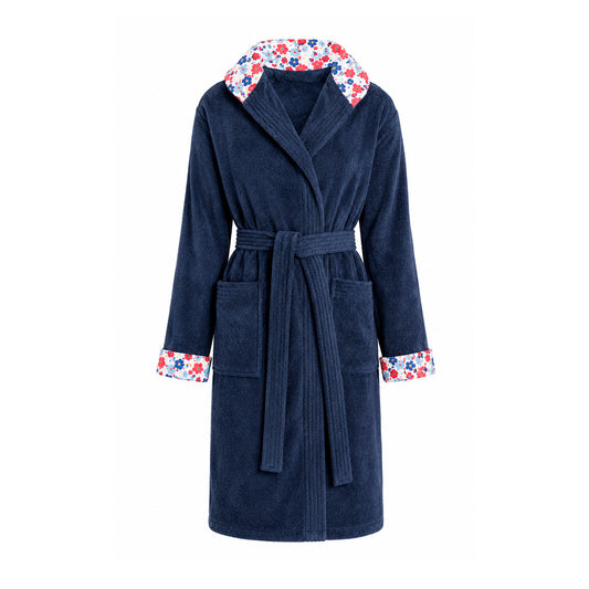 Hooded bathrobe cotton velvet - Capucine Blue Navy blue