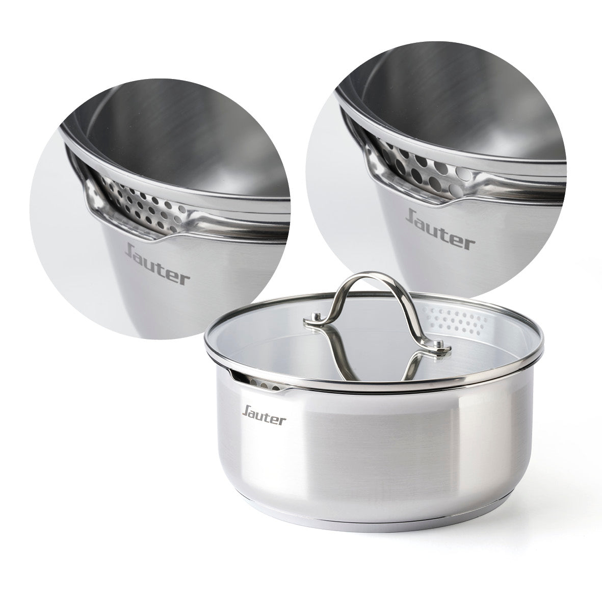 Set of 3 stainless steel sauce pans with removable handle + 3 pouring lids with stainless steel knob - Silver