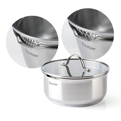 Set of 3 stainless steel sauce pans with removable handle + 3 pouring lids with stainless steel knob - Silver