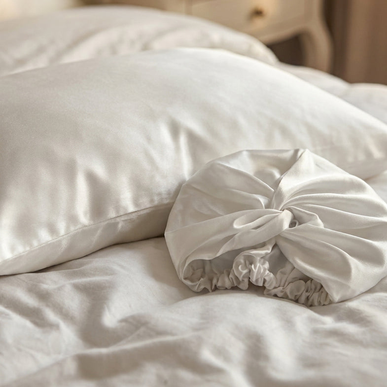 2-piece set with nightcap - 100% mulberry silk 19 momme - Brume de soie - white