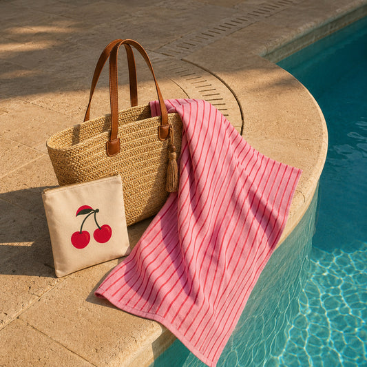 Set beach towel + beach bag + pouch - Silvae Pink / Burgundy / Beige
