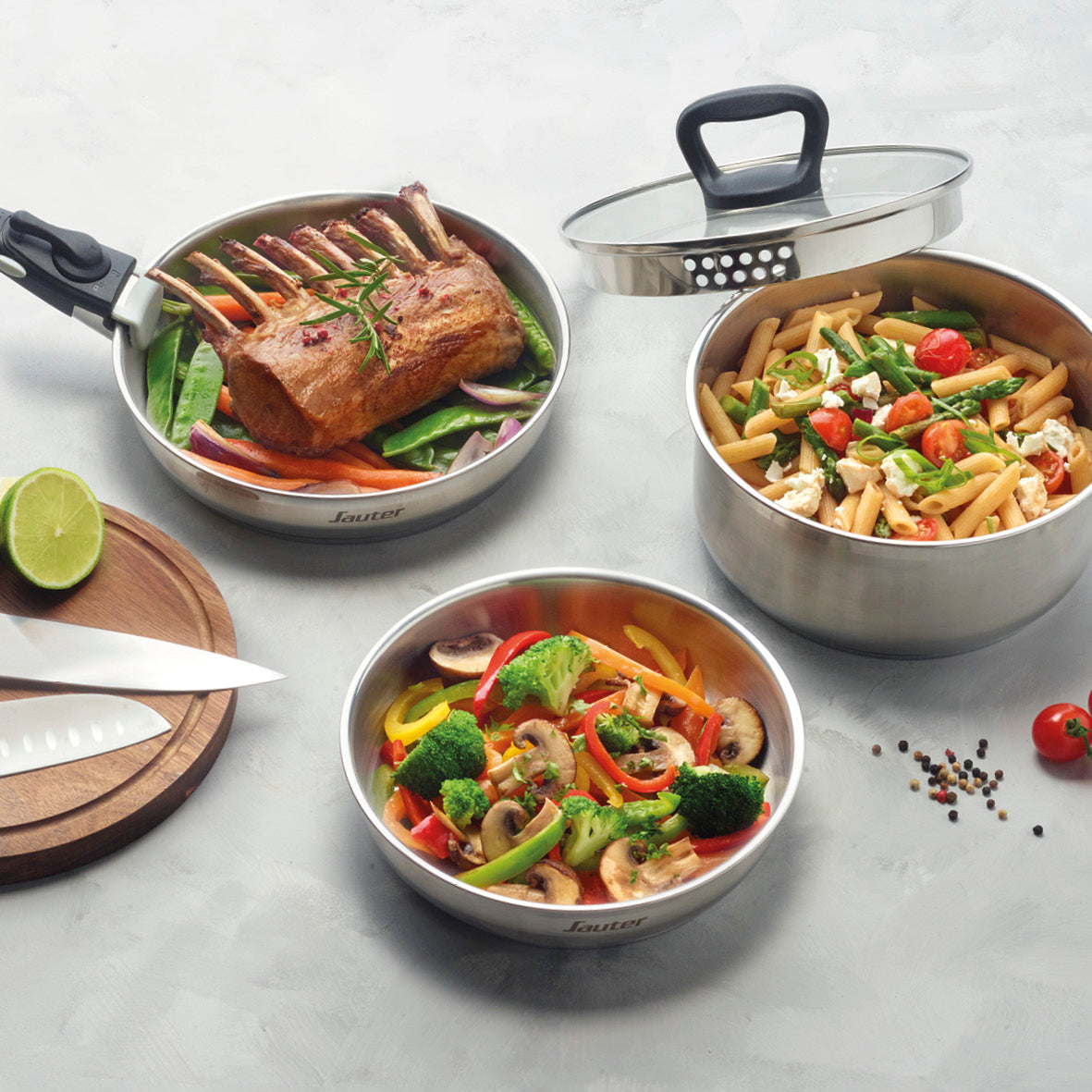 Set of 3 stainless steel frypans + removable handle + 3 pan protectors - Silver