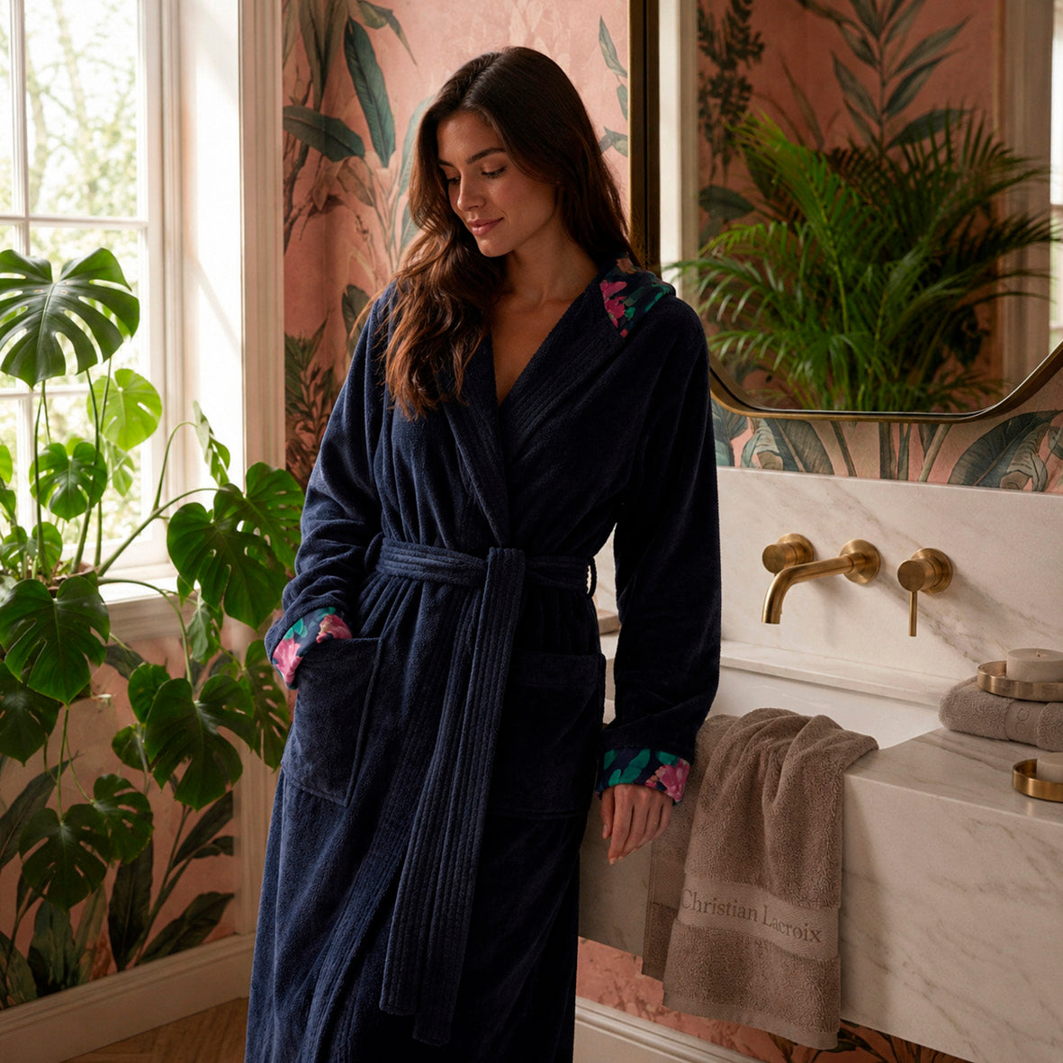 Cosy hooded bathrobe - 100% cotton velvet 320 gsm - Arty Flowers - navy blue