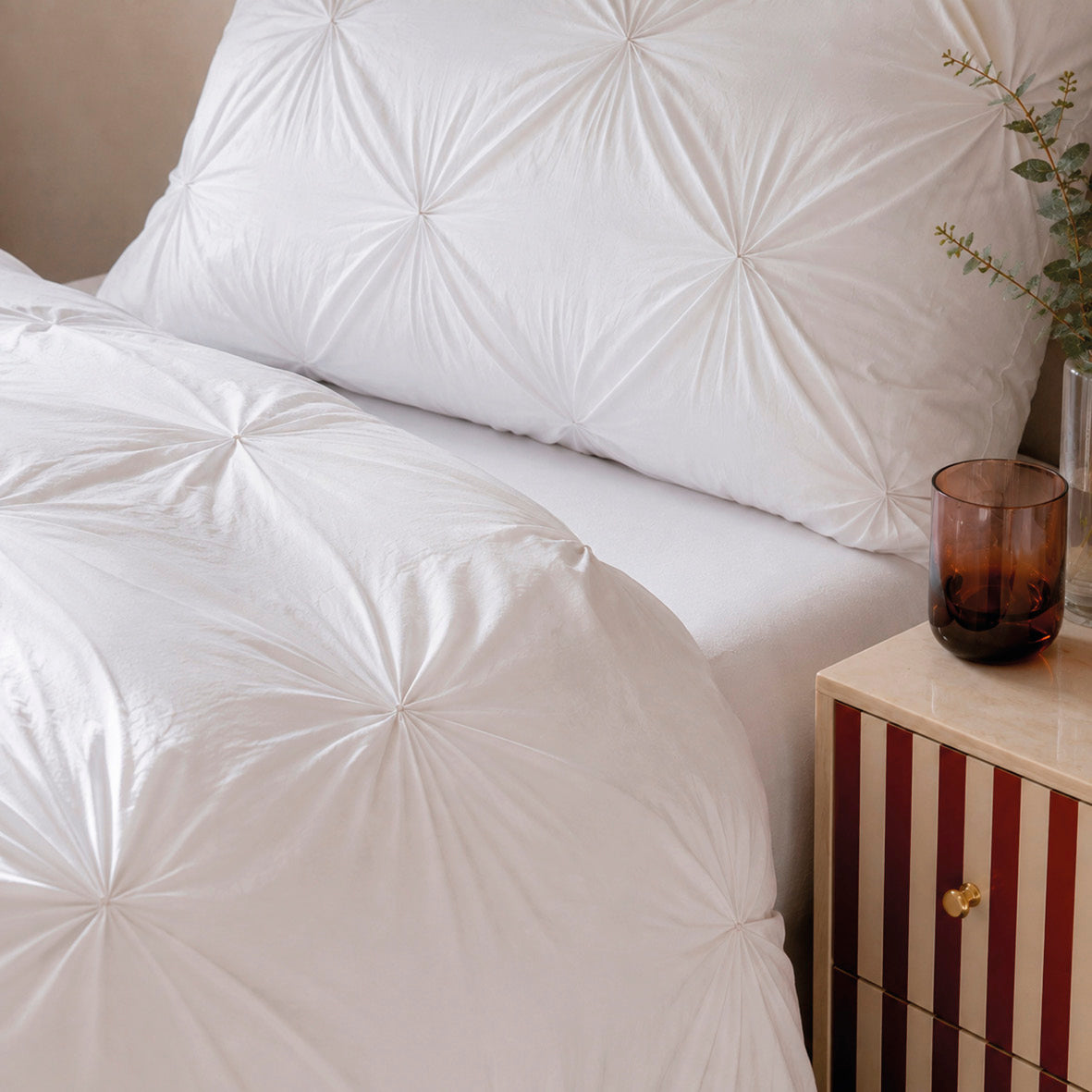 Duvet cover + pillowcase cotton satin pleated - Lys White
