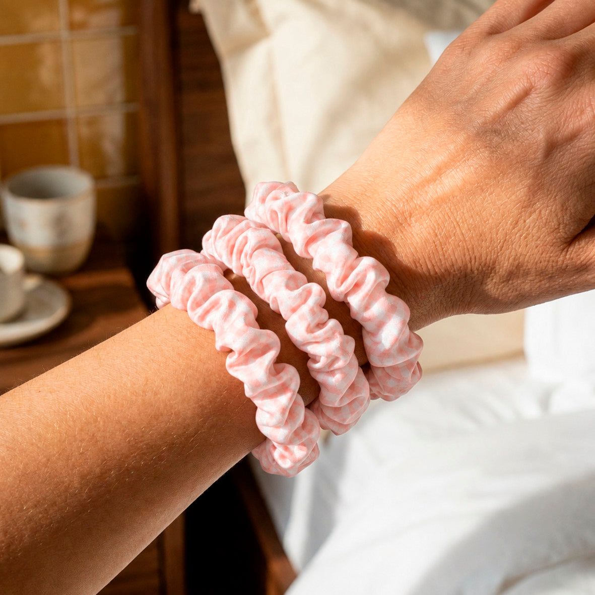 Set of 3 skinny scrunchies silk - Néora Pink gingham - D 6 cm