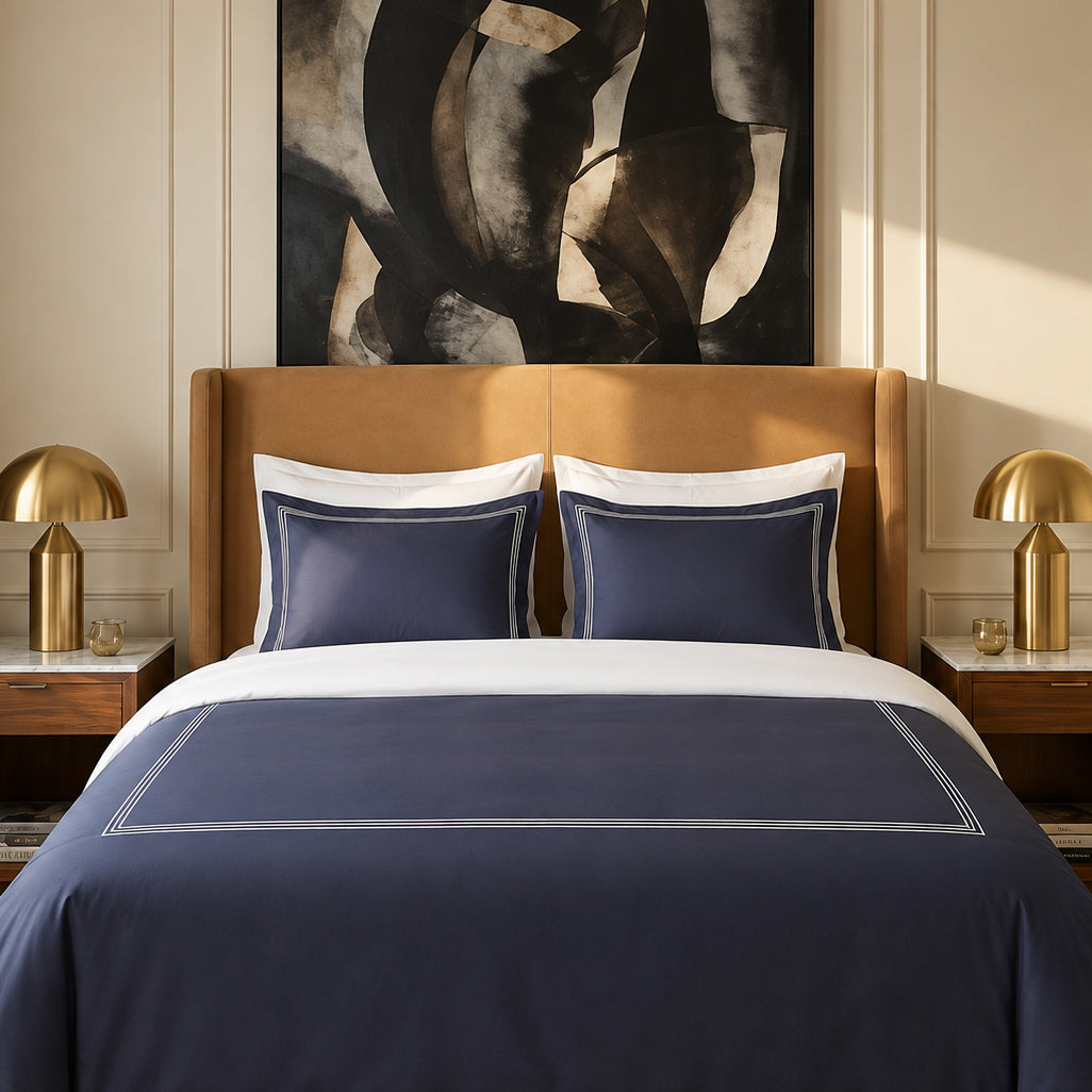 Duvet cover and pillowcase(s) set - 100% cotton sateen TC200 - Nîmes - white / dark blue