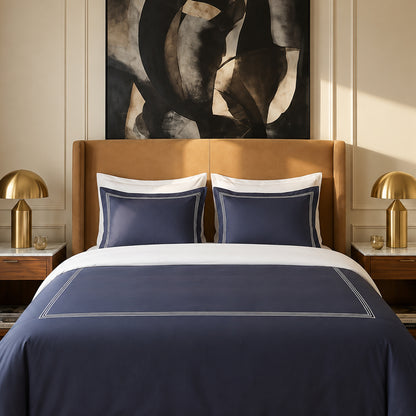 Duvet cover and pillowcase(s) set - 100% cotton sateen TC200 - Nîmes - white / dark blue