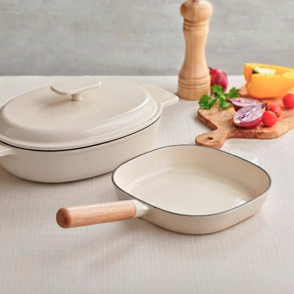 Enamelled cast iron frypan with wooden handle - cream - 20 cm