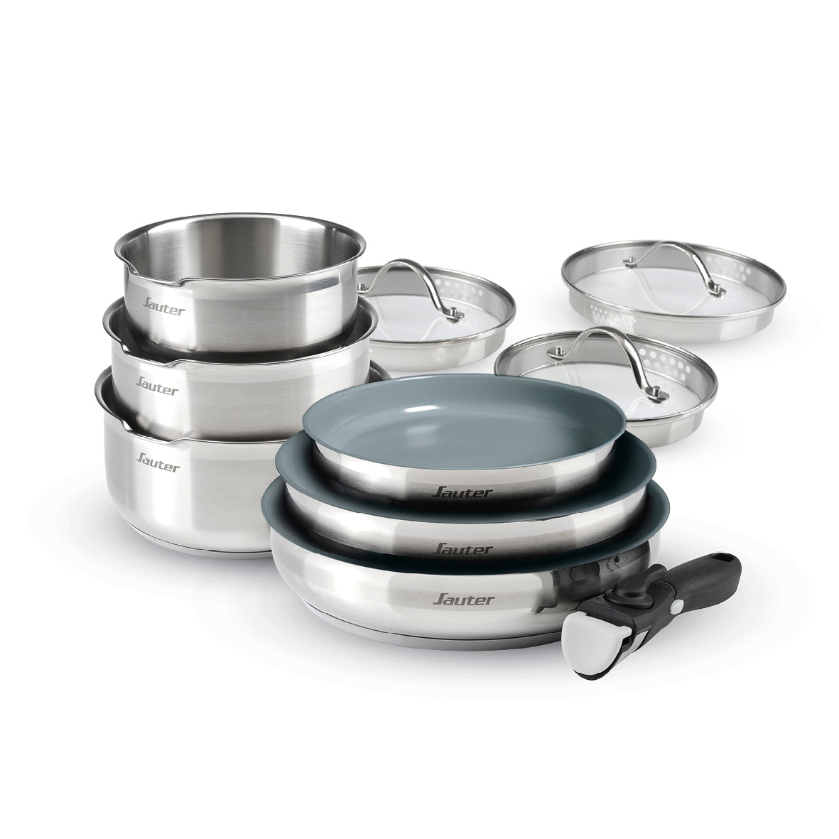 Non-stick stackable ceramic cookware set with removable handle 10 pieces - Silver