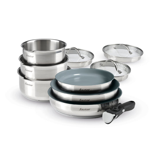 Non-stick stackable ceramic cookware set with removable handle 10 pieces - Silver
