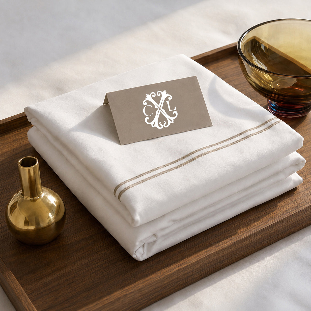 Duvet cover and pillowcase(s) set - 100% cotton sateen TC200 - Nîmes - taupe / white