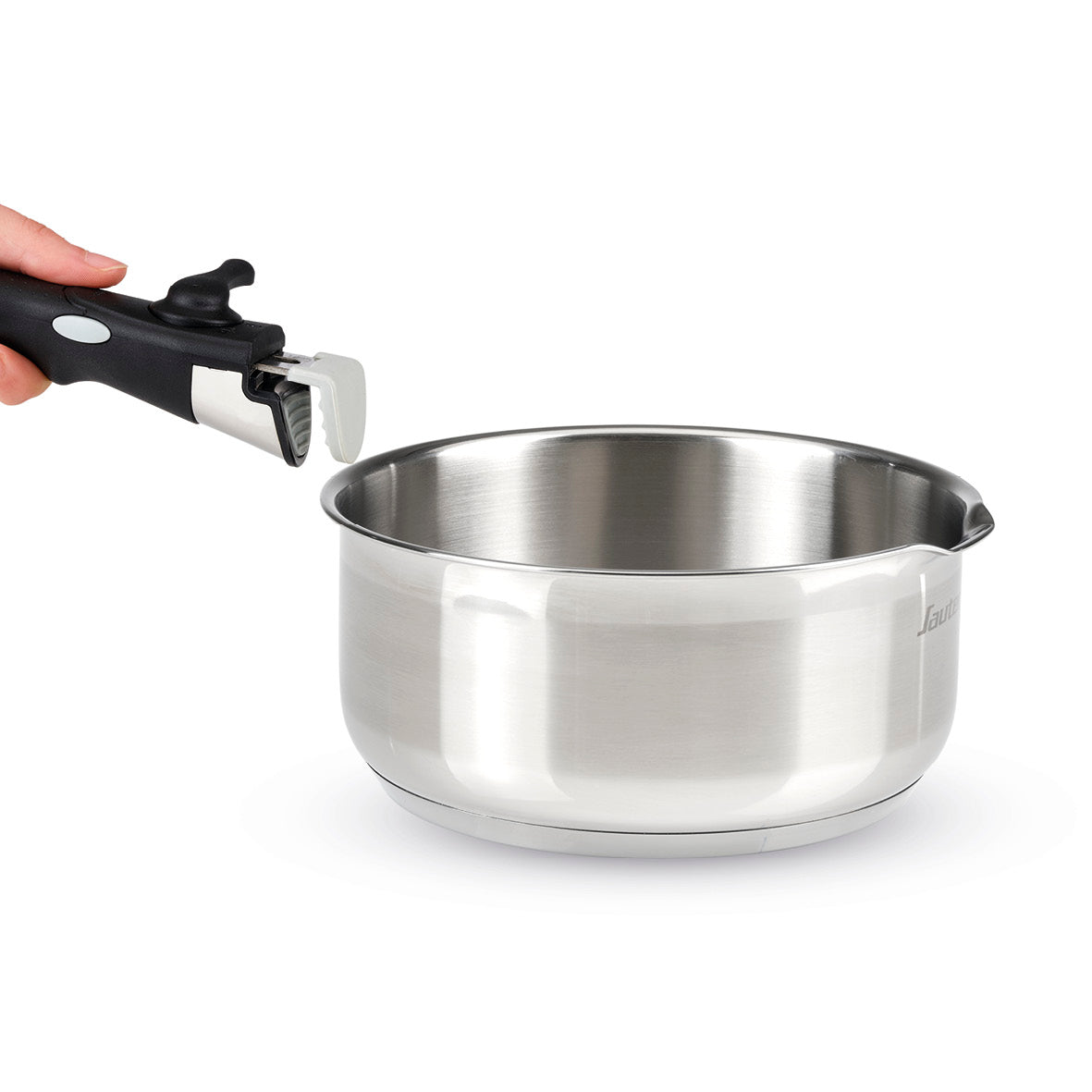 Set of 3 stainless steel sauce pans with removable handle + 3 pouring lids with stainless steel knob - Silver