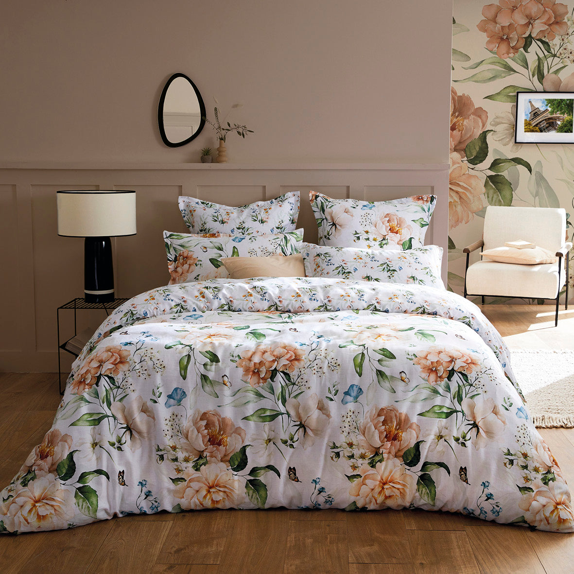 Flat sheet cotton satin - Jardin de fleurs White