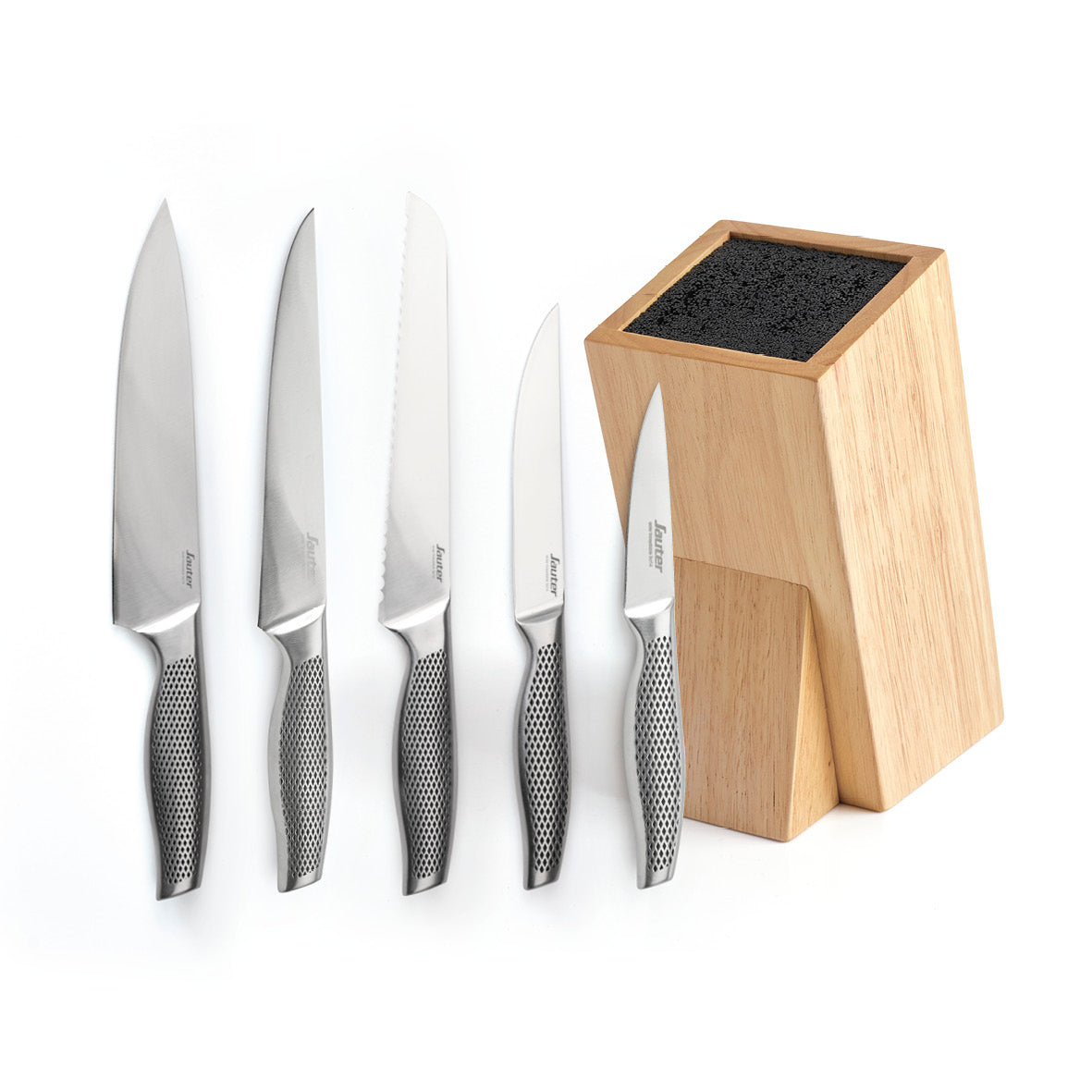 Set of 5 knives silver: chef's knife + slicing knife + paring knife + bread knife + utility knife + knife holder wood - Silver