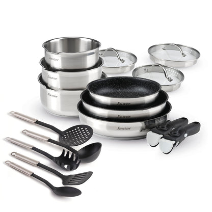 Non-stick stackable ceramic cookware set with removable handle 16 pieces - Silver