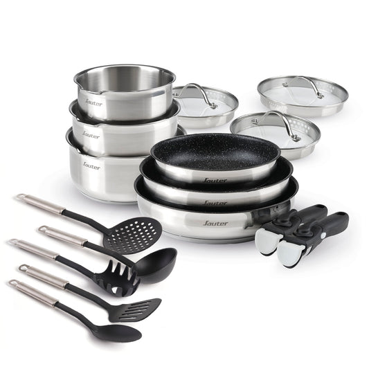 Non-stick stackable ceramic cookware set with removable handle 16 pieces - Silver
